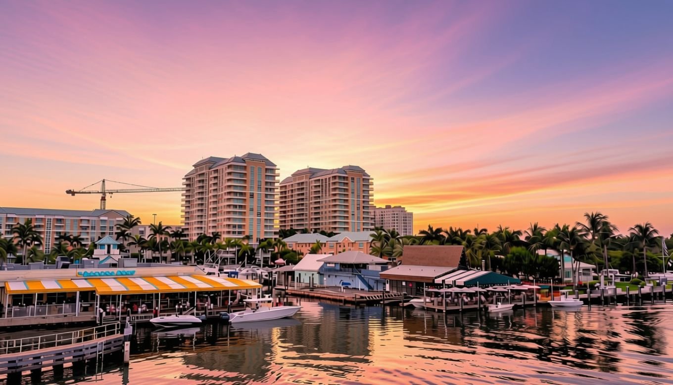 Evening view of the Boynton Harbor Marina restaurants from the bridge.