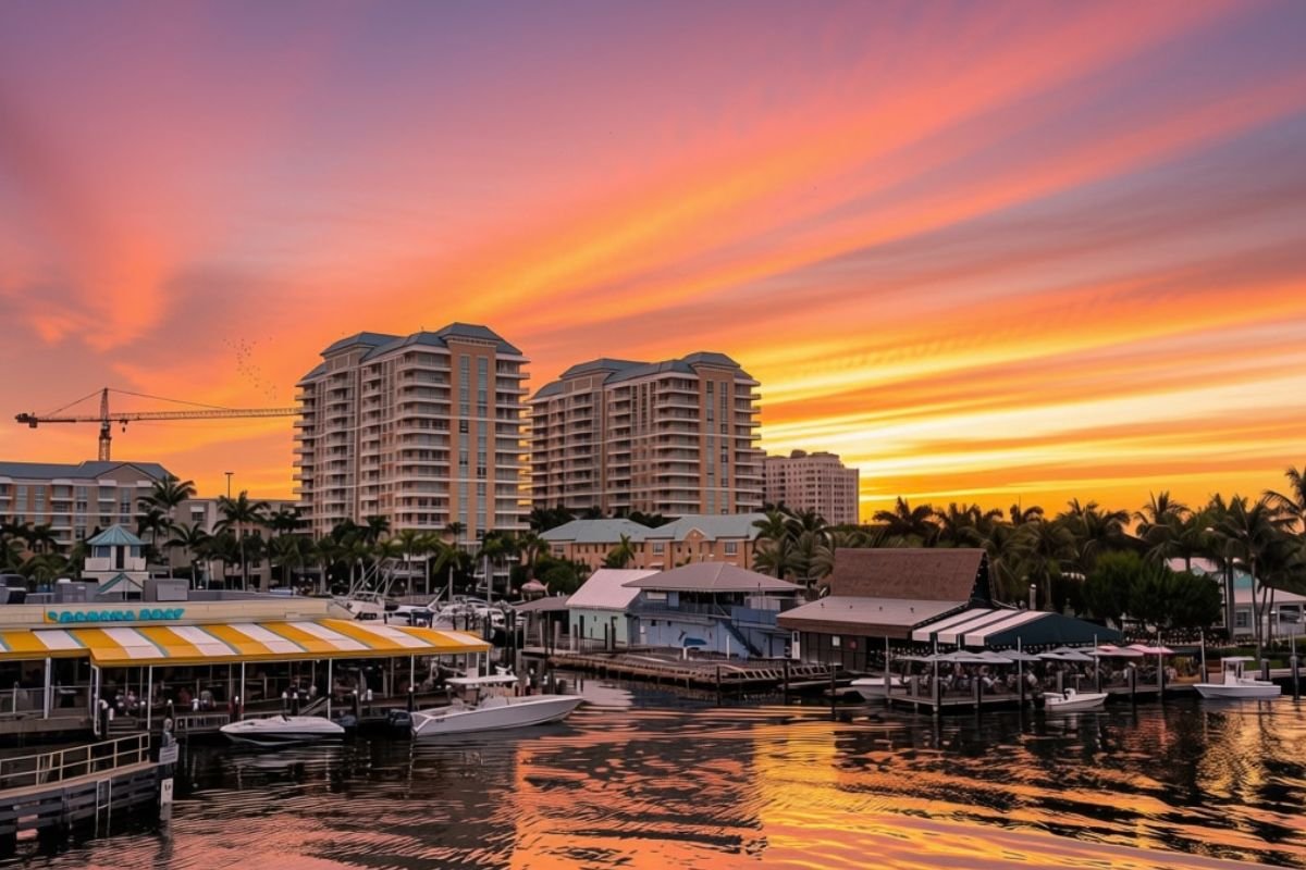 A sunset view of Banana Boat and Two George's at the Boynton Marina.