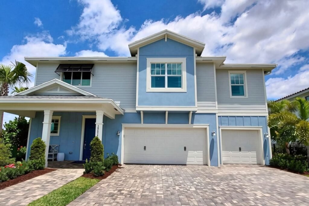A blue coastal style home with a three car garage.